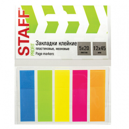 Закладки клейкие неоновые STAFF, 45х12 мм, 100 штук (5 цветов х 20 листов), на пластиковом основании, 129355