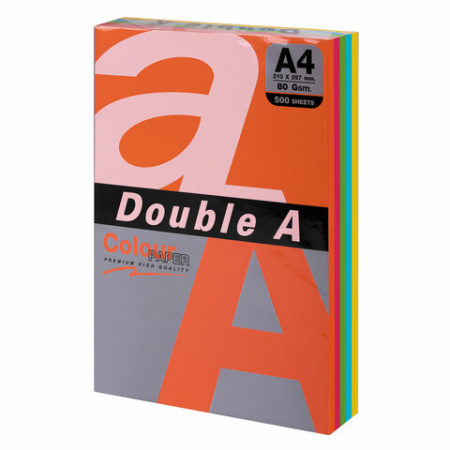 Бумага цветная DOUBLE A, А4, 80 г/м2, 500 л. (5 цветов x 100 листов), микс интенсив